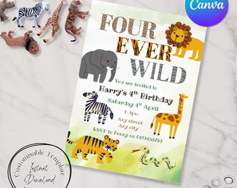 Invito di compleanno "Four Ever Wild", con animali dello zoo e della savana, modello Canva modificabile (download digitale)
