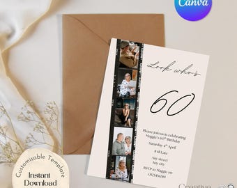 60th Birthday Invitation Template, Modern Milestone Celebration, Editable Canva Template (Digital Download)