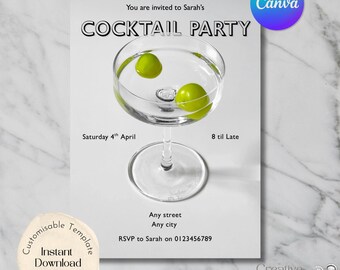 Invito moderno per cocktail party, festa di compleanno, sorseggia evviva, modello Canva personalizzabile (download digitale)