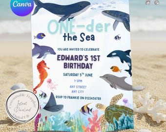Invito per la festa di compleanno "One-der the Sea", primo compleanno, modello Canva (download digitale)