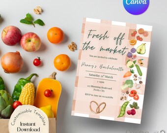 Fresh Market Bridal Shower Invitation Template, Canva Editable Bachelorette Invite (Digital Download)