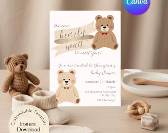Invito per baby shower a tema "Non vediamo l'ora", modello Canva modificabile (download digitale)