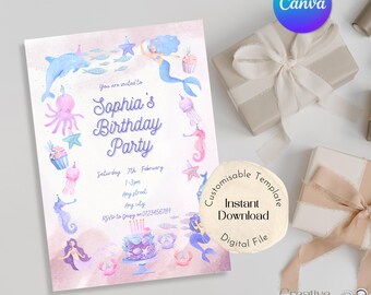Invito di compleanno a tema sirena magica / Invito per festa a tema sottomarino / Download digitale modificabile per Canva