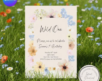 Invito per la festa di compleanno a tema "Wild One", primo compleanno con fiori selvatici, modello Canva (download digitale)