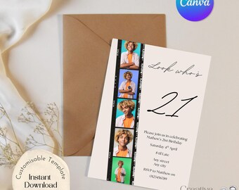 21st Birthday Invitation Template, Modern Party Invite, Editable Canva Template (Digital Download)