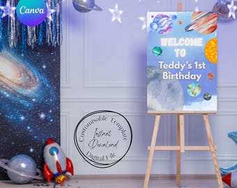 Space themed Welcome Sign Template, Party Printable, Canva Template (Digital Download)