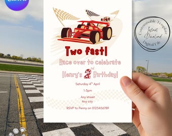 Invito di compleanno a tema due macchine da corsa veloci, modello Canva per il secondo compleanno dei bambini (download digitale)