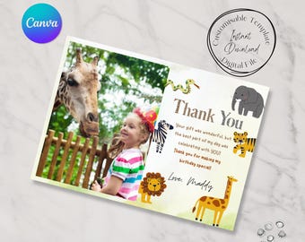 Modello di biglietto di ringraziamento con animali dello zoo, personalizzabile su Canva (download digitale)
