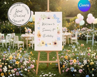 Wildflower themed Welcome Sign Template, Party Printable, Canva Template (Digital Download)