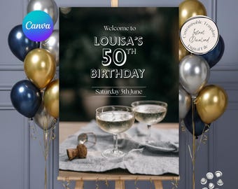 Champagne (Milestone Birthday) Welcome Sign Template, Party Printable, Canva Template (Digital Download)