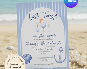Last Toast on the Coast Bachelorette Invitation, Editable Canva Template (Digital Download)