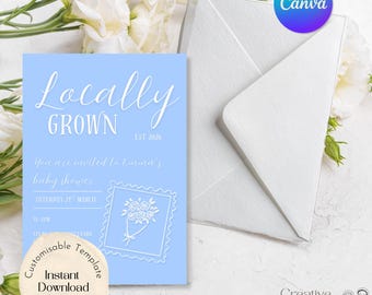 Modello di invito per baby shower blu coltivato localmente, design modificabile Canva (download digitale) per neonato