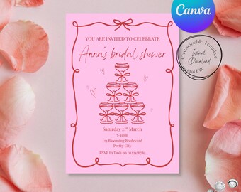 Invito per addio al nubilato rosa disegnato a mano, modello personalizzabile per Canva (download digitale)