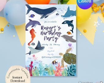 Invito per festa di compleanno a tema "Sotto il mare", modello Canva (download digitale)