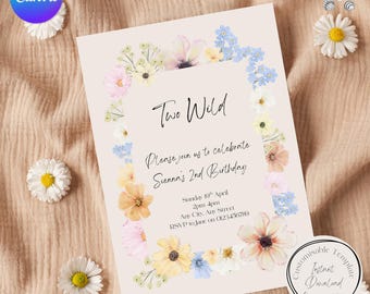 Invito per la festa "Two Wild", secondo compleanno a tema fiori selvatici, modello Canva personalizzabile (download digitale)