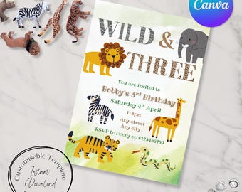 Invito di compleanno "Wild & Three", con animali dello zoo e della savana, modello Canva modificabile (download digitale)
