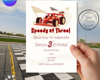 Invito di compleanno "Speedy at Three", tema auto da corsa, festa per bambini (modello digitale Canva)