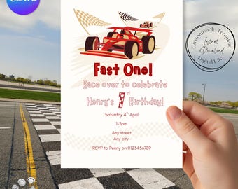Invito di compleanno a tema auto da corsa, modello Canva per il primo compleanno (download digitale)
