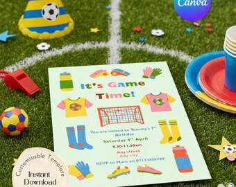 Invito modificabile per una festa di calcio, festa di compleanno per bambini a tema calcio, modello Canva (download digitale)