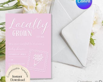 Pink Locally Grown Baby Shower Invitation Template, Editable Canva Design (Digital Download)