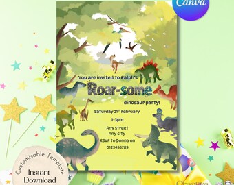 Editable Roar-some Dinosaur Party Invitation, Dino theme childrens birthday party, Canva Template (Digital Download)