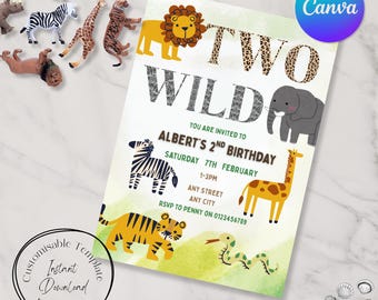 Invito di compleanno con due animali selvatici dello zoo, modello Canva (download digitale)