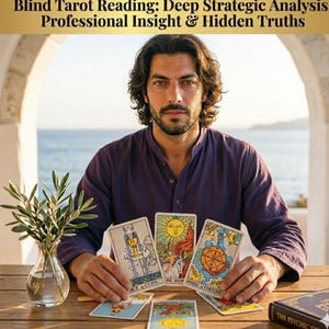 Op de afbeelding: Een persoon in een paars overhemd houdt tarotkaarten vast met illustraties van de zon, een wiel en een beker. De tekst "Blind Tarot Reading: Deep Strategic Analysis Professional Insight & Hidden Truths" staat bovenaan de afbeelding.
