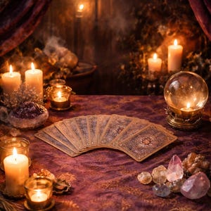 May include: A mystical scene featuring tarot cards fanned out on a purple velvet table. Lit candles, crystals, and a crystal ball create an atmospheric setting. The background includes a dark curtain and soft lighting.