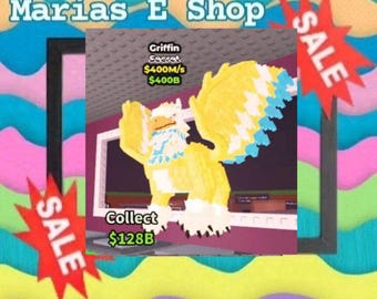 May include: A digital graphic of a blocky, yellow and white griffin creature with blue wing tips. The text reads Marias E Shop, Griffin, Secret, $400M/s, $400B, Collect, $128B, and SALE. The background features colorful wavy lines and a black frame.