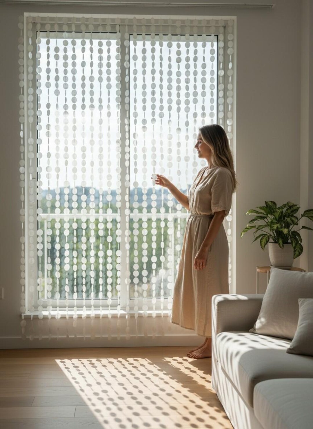 White Capiz Shell Window and Door Curtain, Natural Beaded Room Divider ...