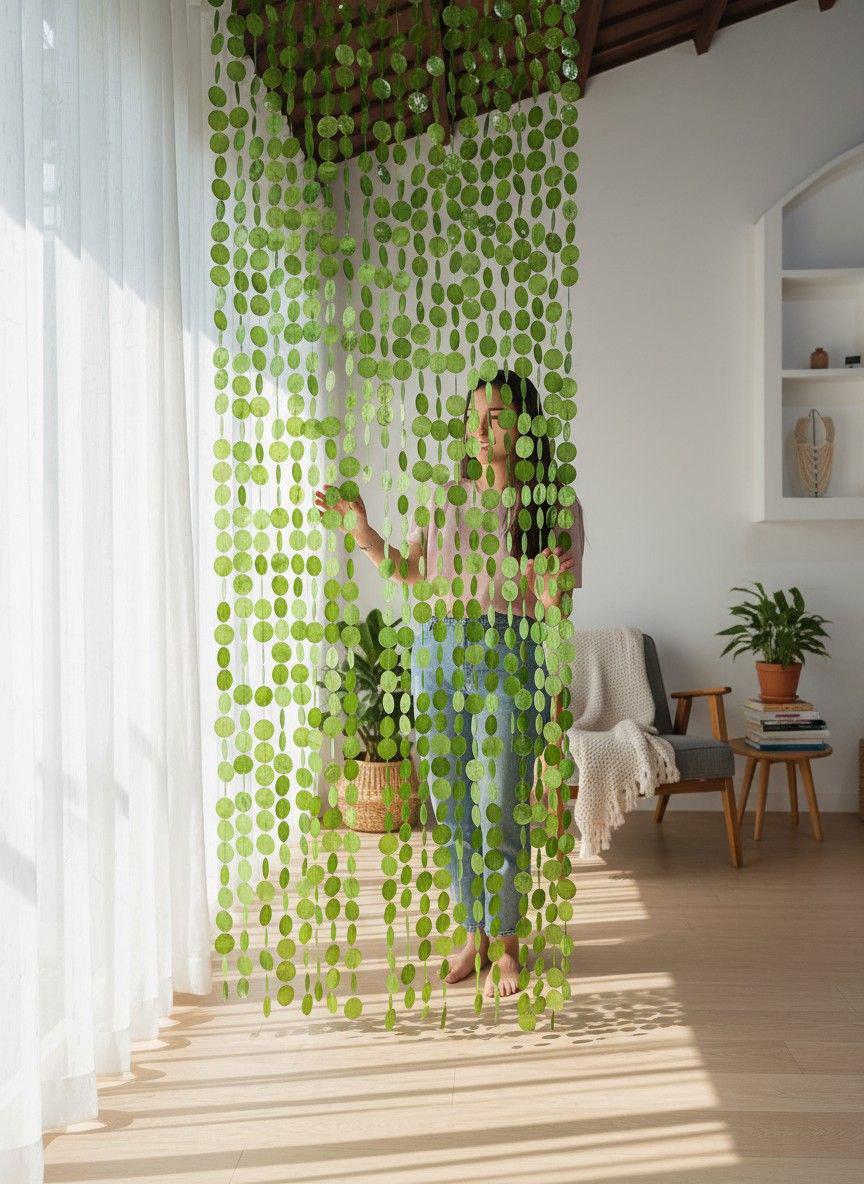 Green Capiz Shell Door Curtain: Coastal and Boho Room Divider