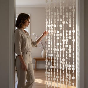 Può includere: Una tenda di perline bianche con forme a stella e cerchio è appesa in una porta. Una persona in abito beige è nelle vicinanze, che tocca la tenda. La tenda è un elemento decorativo, che aggiunge un aspetto morbido e strutturato.