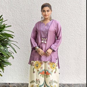 Co-ordset avondkleding designer spiegel | Kurti met split en bedrukte broekset voor feest en vrijetijdskleding | Indiase jurk voor damesmeisjes