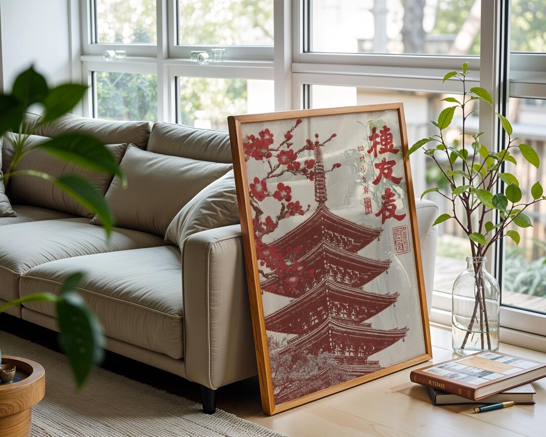 Japanese Pagoda Wall Art Print | Vintage Landscape Poster | Red Temple ...