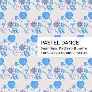 Könnte beinhalten: Ein nahtloses Musterdesign mit sich wiederholenden floralen und abstrakten Formen in Pastellfarben. Das Design umfasst blaue, rosa und grüne Elemente auf einem hellgrauen Hintergrund. Der Text auf dem Bild lautet "PASTEL DANCE Seamless Pattern Bundle".