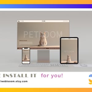 Op de afbeelding: Een digitale display-opstelling met een desktopcomputer, tablet en smartphone, die allemaal het "PETLOOM"-logo en een kattenafbeelding weergeven. De zin "WE INSTALL IT for you!" wordt hieronder weergegeven, samen met een websiteadres.