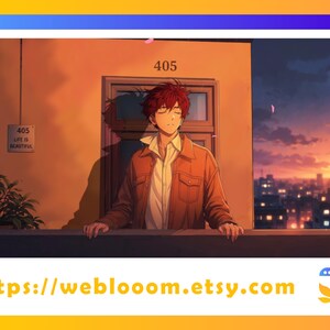 Puede incluir: Una ilustración estilo anime de una persona con cabello rojo desordenado, chaqueta marrón y camisa blanca, de pie en un balcón al atardecer. Un letrero en la pared dice 405 LIFE IS BEAUTIFUL, con el número 405 también sobre una ventana.