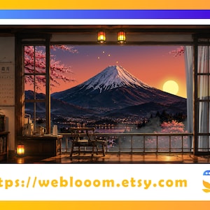 May include: An illustration of Mount Fuji at sunset, viewed from a traditional Japanese room. The image shows a large window framing the mountain, with cherry blossoms and a warm, orange sky. The Etsy shop URL is visible at the bottom.