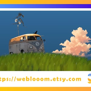 May include: An illustration of a vintage, weathered van with a whimsical antenna, parked on a grassy hill under a blue sky. A large, fluffy cloud floats nearby. The van has the number "316" on the front.
