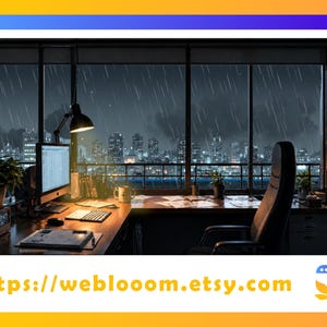 May include: An office desk with a computer, keyboard, and lamp, overlooking a cityscape during a rainstorm. A black office chair sits in front of the desk. The image includes the text "https://weblooom.etsy.com".