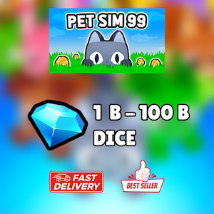 Può includere: Grafica digitale con la scritta "PET SIM 99" sopra un gatto dei cartoni animati nell'erba. Un grande diamante blu e la scritta "1 B - 100 B DICE" sono sotto. Include i badge "FAST DELIVERY" e "BEST SELLER".