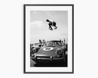 Porsche-tryck, skateboardposter, fotografitryck, svartvit väggkonst
