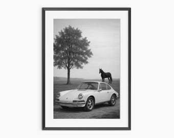 Poster Porsche 911, stampa di cavalli, stampe fotografiche, arte murale in bianco e nero