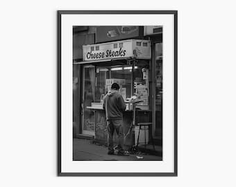 Cibo di strada, poster vintage, negozio di cheesesteak, stampe fotografiche, arte murale in bianco e nero, poster fotografico di qualità museale
