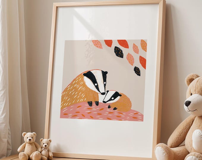 Badger Family Print, UK Wildlife Illustration, Nursery Wall Art, A4 and A3 Unframed, Baby family wall art