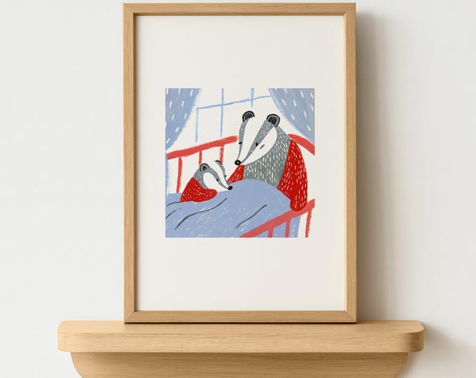 Cosy Badger Print, British Wildlife Nursery Art, A3 and A4 Unframed, Baby family  wall decor