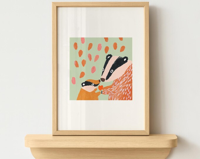 Badger Baby Print, UK Wildlife Nursery Art, Woodland Animal Illustration, A4 and A3 Unframed, family love print