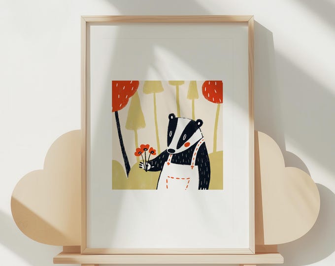 Badger Flower Print, UK Wildlife Illustration, Kids Room Decor, A4 and A3 unframed, gardener gift