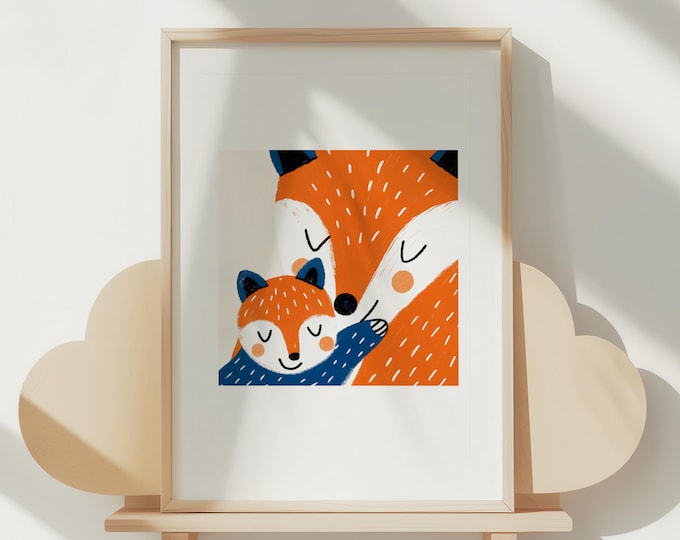 Fox Cub Cuddle Print, Orange and Blue Wildlife Nursery Art, A4 and A3 Unframed, Baby Family decor