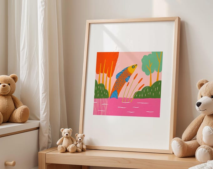 Leaping Fish Print, Bright Kids Room Wall Art, Nature Illustration, A4 and A3 Unframed, fisher wall decor